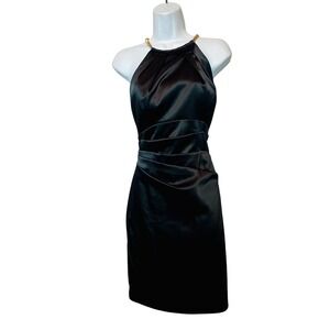Eliza J Black Satin Halter Neck Ruched Waist Sheath Dress Size 8